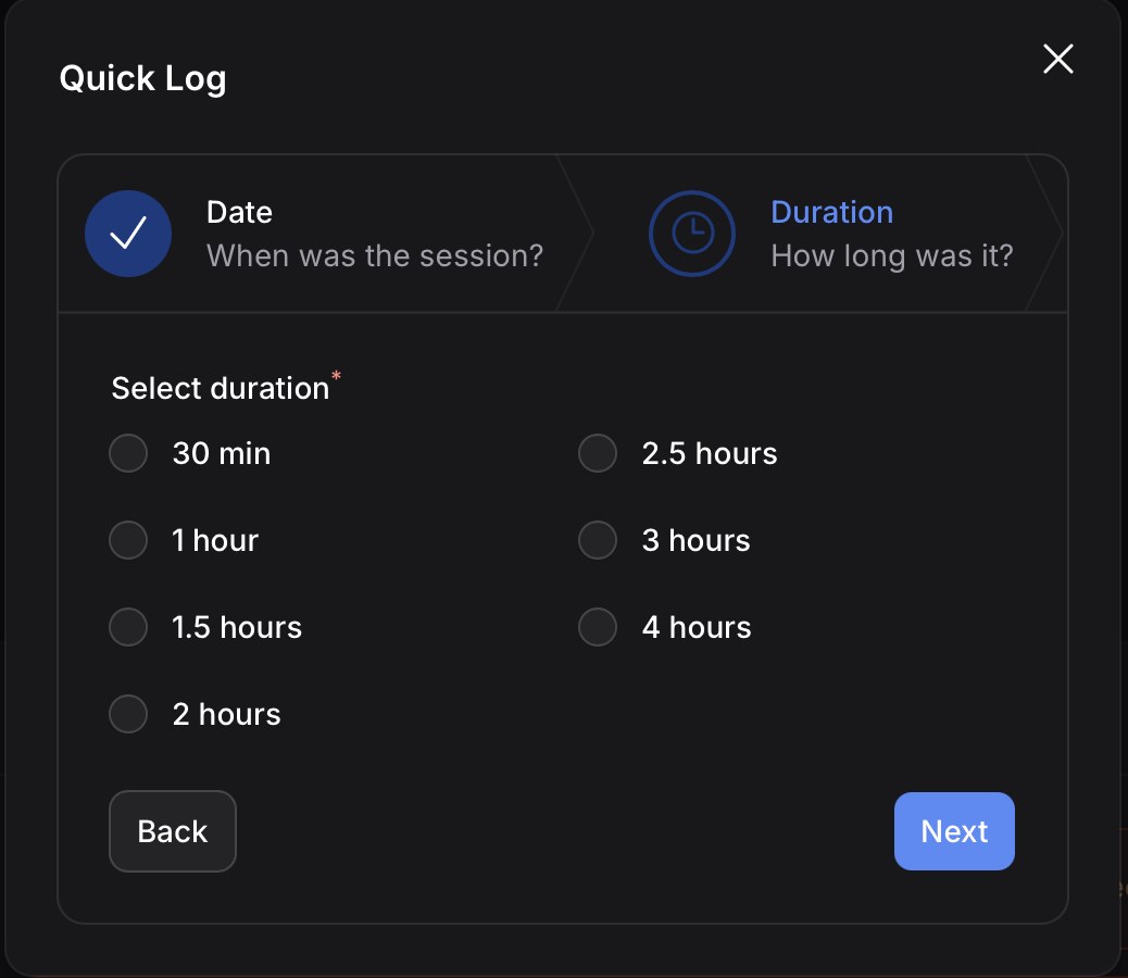 Quick log example showing a completed practice entry